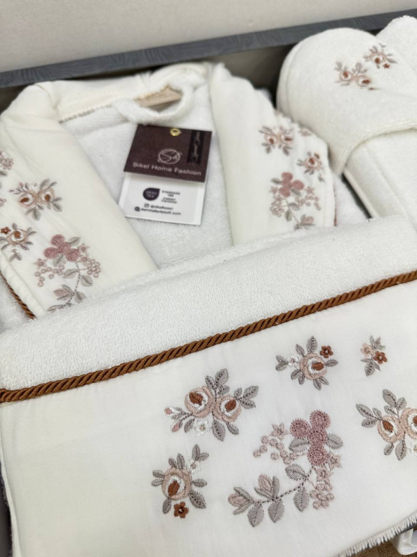 Sikel home "Feraye" Банный халат набор (халат, полотенца, тапочки, 100% хлопок) (Коричневый)
